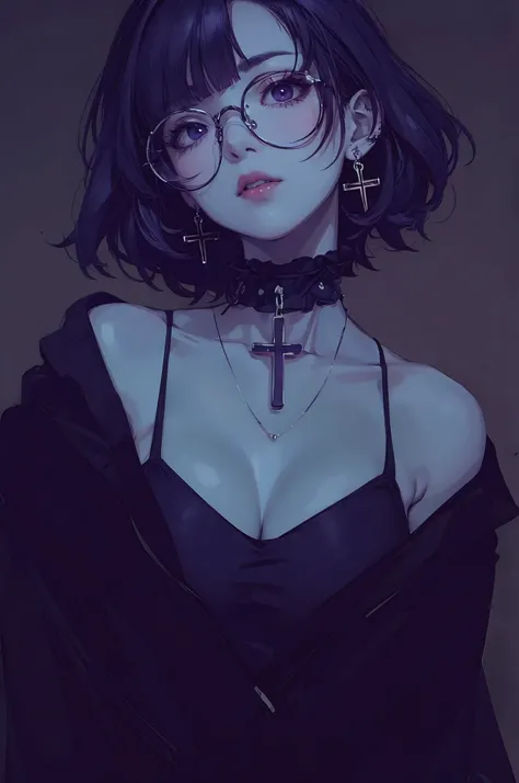 (best quality, masterpiece:1.2), simple lines, anime style, bust portrait, goth girl, huge breasts, glasses, choker, crucifix earrings on one ear, dark background