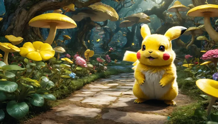 pikachu pokemon amarelo eletrico, in alice in wonderland,intrinsic details, obra de arte, hiper-realista , high definition , 8k