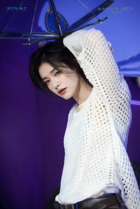 Araffated image of a woman in a white sweater and a blue umbrella.., Cai Xu Kun, Jung Jaehyun, retrato de jossi de blackpink, jinyoung shin, hyung tae, kim doyoung, beautiful androgynous prince, Hong June Hyung, delicate androgynous prince, ulzzang intelig...