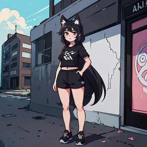 ((Masterpiece, High definition, HDR)), anime style, ((1girl)), pretty anime foxgirl, ((fox ears)), detailed fanart, pixiv style, anime style character, high quality fanart, ((Black top)), ((Black spirt shorts)), ((Black sneakers)), ((Outside an abandoned b...