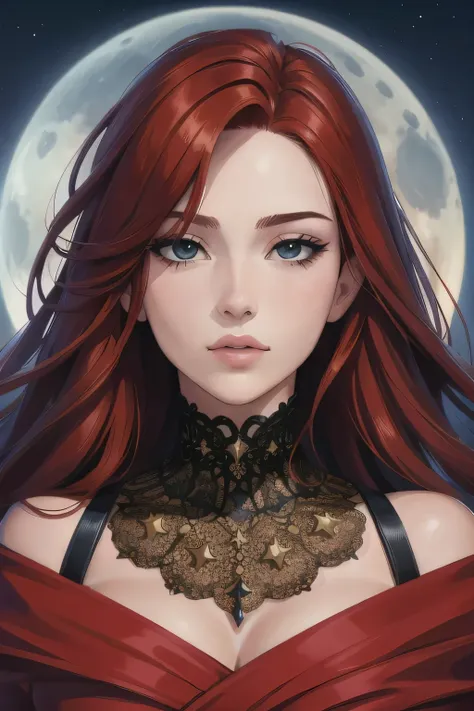 a woman with red hair and a red dress is standing in front of a full moon