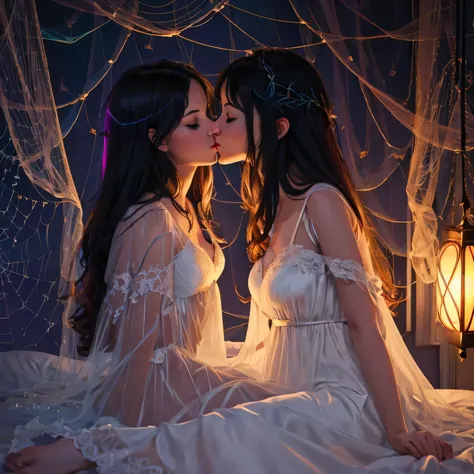 two girl kissing,,(bright lighting,romantic setting),dreamy background,,dark hair, mesmerizing gaze, , soft skin, alluring beauty, artistic portrait, high-quality image, vibrant colors,translucent long silk gown, mosquito net, lying down, romantic bedroom,...