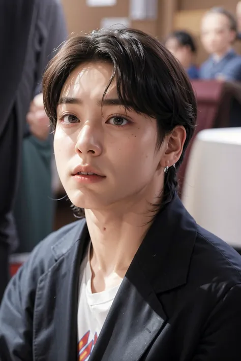 there is a woman with a tie sitting in a room, jungkook, young pale angel, kim taejin, Won Bin Lee, hyung tae, jinyoung shin, yoongi de pelo negro, delicate androgynous prince, beautiful androgynous prince, con pelo corto, brillante por la lluvia, Hwang se...