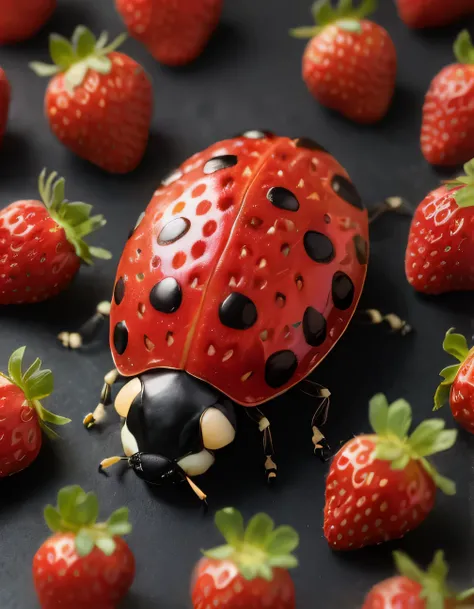 A Ladybug made of Strawberry, surrounded by strawberries on a black surface, 4k, food photography, (masterpiece, high quality, best resolution), detailed, realistic, cute, colorful