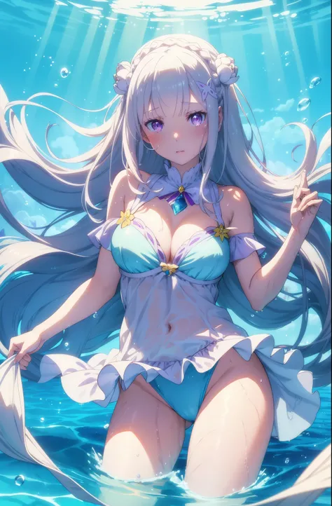 （masterpiece）、(highest quality)、((Super detailed))、(super delicate)、Cute naughty swimsuit idol, Emilia re:zero, purple eyes, Emilia, crown braid, x hair ornament, flower hair ornament, white hair, very long hair, medium breasts, beautiful breasts、Thighs、Go...