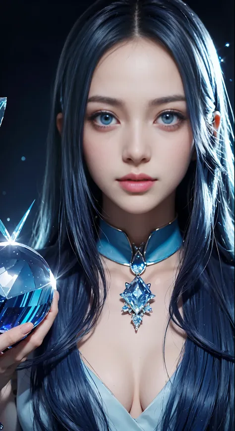 （and soul）（secondary elements）1 girl、blue hair、hair length、blue eyes、gradient eyes、sparkling eyes、bright eyes、finely tuned、expressive eyes、blue clothes、gem、Blue lighting、blue theme、（form：1.5）、abstract、highest quality、Super detailed、(((Holding a crystal bal...