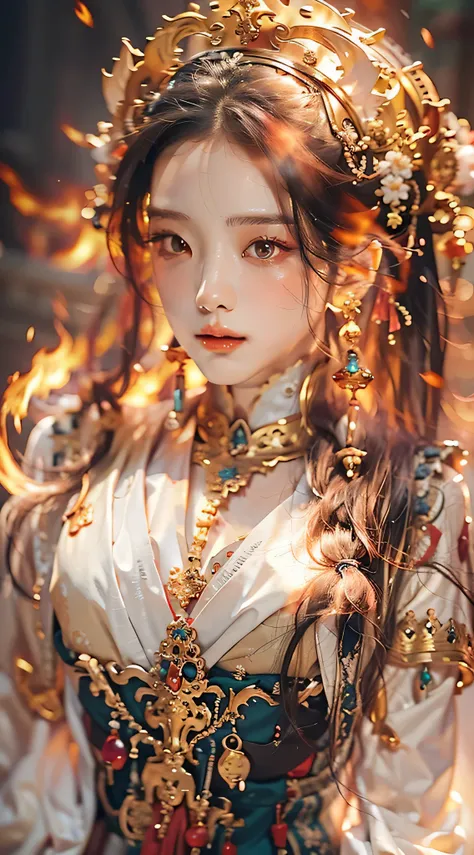 Best quality,masterpiece,ultra high res,(photorealistic:1.4)1girl,beautiful_face,detailed skin,full body,yuhuoshu,jewelry,solo,earrings,(fire:1.3),blurry,realistic,lips, long hair