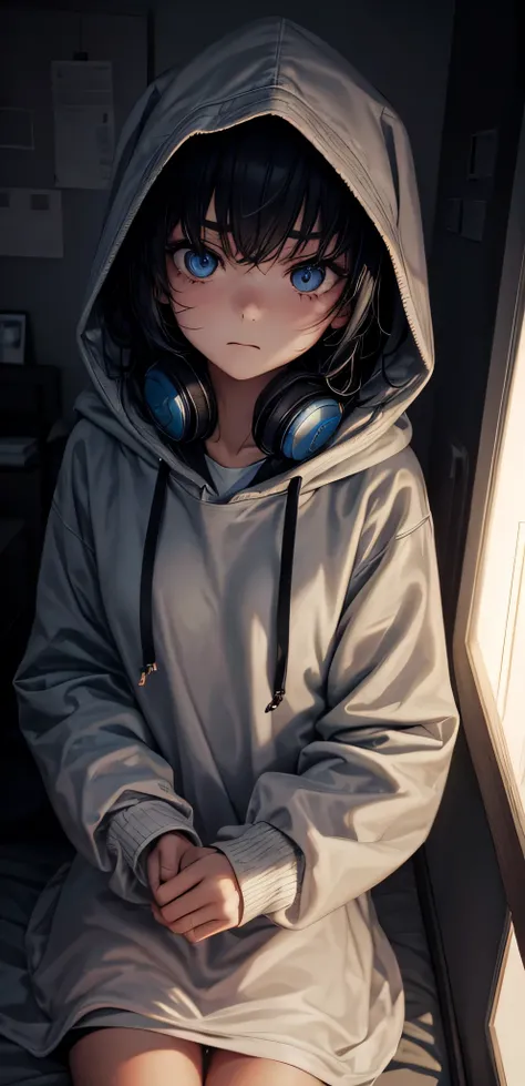 Female teenager, clad in a hoodie, sits in the dimly lit, dystopian dark bedroom. The atmosphere is eerie, with an unsettling stillness hanging in the air. The bedroom is engulfed in shadows, illuminated only by the faint glow of her headphones. In the clo...