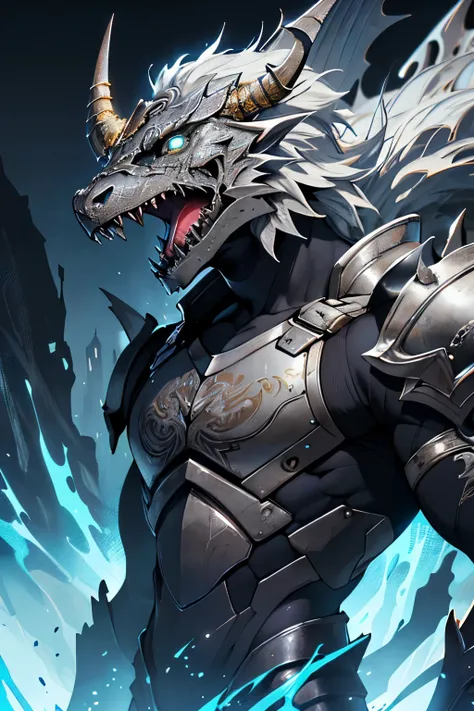 masterpiece, (absurdres, highres, ultra detailed), 1boy, muscular, solo, extremely detailed eyes, (official art, beautiful and aesthetic:1.2), (dark art,erosion,fractal art :1.3), colorful, horror, highest detailed, Silver Metallic Dragonborn Paladin