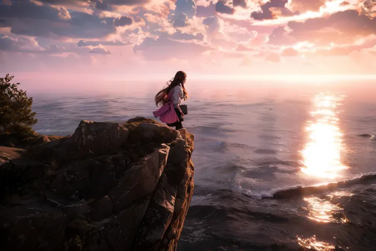 il y a une femme debout sur un rocher qui regarde l&#39;eau, belle fille à l&#39;horizon, Regard vers l’horizon, regarder vers l&#39;horizon, looking at a pink ocean, regardant vers l&#39;horizon, in front of the sea, regarder le soleil se coucher. Animate...