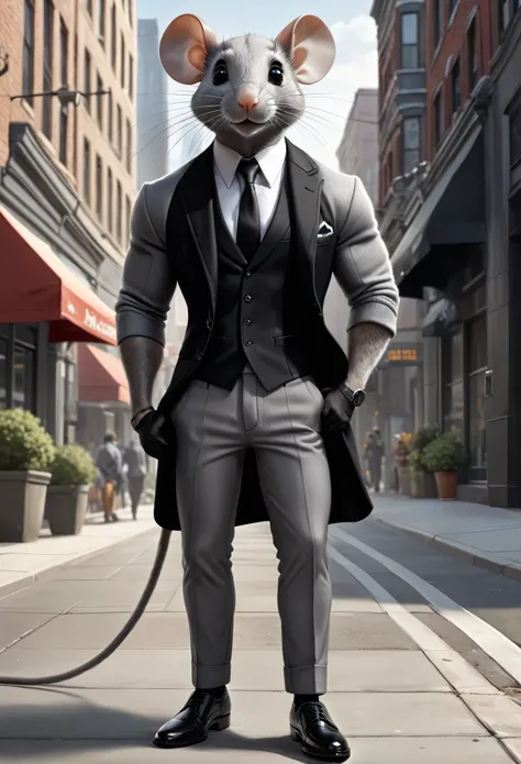 ((solo)), Males, anthropo mouse, Realistic wool, Silver color, black mustache, slightly smile, eyes look at the camera, muscular body, legs, ( black pants) black shoes, (business district), Photorealistic, hyperrealistic, Ultra detailed, by Kenket，field，ri...