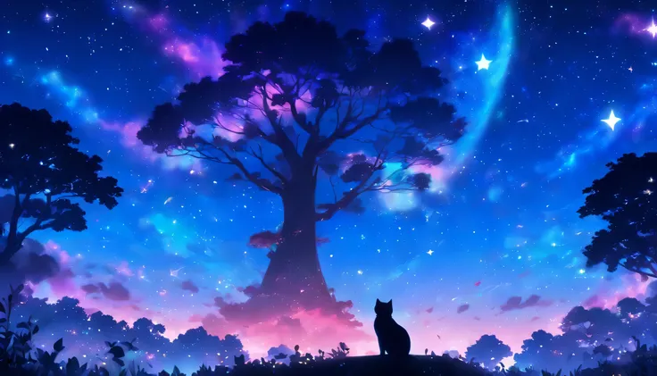 （avermelhado、Rosa），Octano, Sky, estrelas(Sky), paisagens, Starry sky, a noite,（ 1 garota em,um gato、Aconchegar-se：1.5），（Aconchegar-se：1.3），gatos，near the sky, apenas, ao ar livre, Built, nuvem, estrelas cadentes，sentada, The tree, cabelo comprido, Cidade, ...