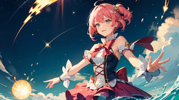 a magical girl,Showing her magic,Wave a ball of fire and appear