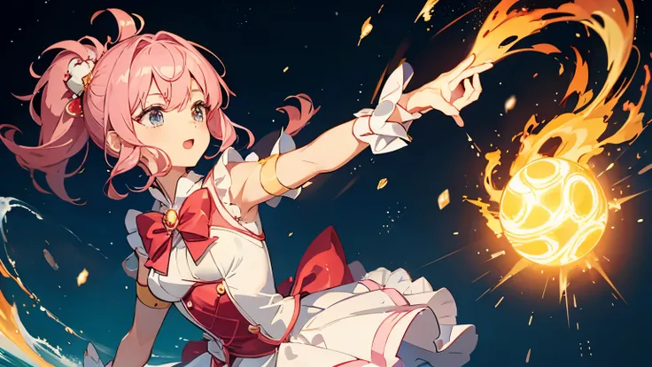 a magical girl,Showing her magic,Wave a ball of fire and appear