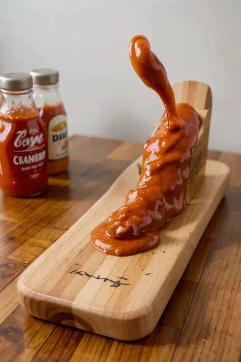 toma cenital de una tabla de madera, escrita con ketchup 30% off y debajo escrito con mayonesa con cuenta DNI, estilo foto realista