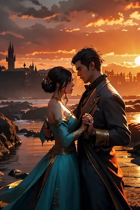 The scene presents a breathtaking sunset, where the last golden rays of the day bathe the sky in warm, inviting hues. In the distant background, a majestic castle stands tall, its grandeur illuminated by the fading sunlight, radiating a magical and fairyta...