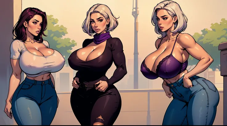 milf, 2 girls, big breasts, giant breasts, huge round fake breast, mature woman, with ((( huge fake breasts：30.7 ))) heavy breasts, short hair, silver hair, light skinned woman, purple shirt, thick shirt, violet scarf, orange eyes, Big, curvy waist , breas...