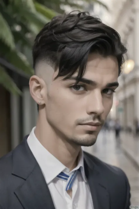 retrato de  europeia,Sozinho,20 anos,rosto bonito,parte superior do corpo,cabelo sobre um olho,medium side cut, Cabelo loiro, sharp focus,black business suit