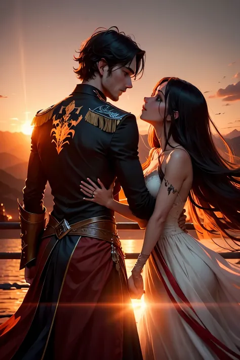 The scene presents an enchanting sunset tableau, where the final radiant beams of the sun gracefully paint the sky with rich amber and red tones. In the backdrop, an awe-inspiring fortress emerges, resplendent with the dying daylight, instilling a magical ...