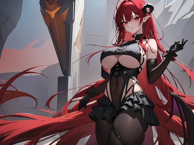 1 girl, long crimson hair, crimson iris, extremly detailed, blushing, succubus, (face perfect:1.1), (high detal:1.1), top-quality, huge breasts, sexy and seductive, wearing black school uiform, skirt, tall women, thicc thighs, wide hips, smile, horny, sedu...