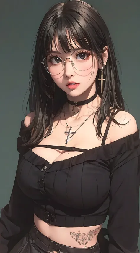 (best quality, masterpiece:1.2), simple lines, anime style, goth girl, perfect body, (huge breasts), slim waist, nice ass, glass...