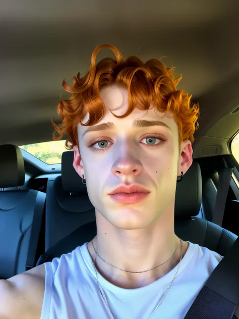 Hombre arafed con pelo rizado en un coche con un collar., he has short curly brown hair, pelirrojo with freckles, chico adolescente de pelo rojo, rizos en la parte superior de su cabeza, with Pelo rizado pelirrojo, taken in the early 2020s, foto de perfil ...