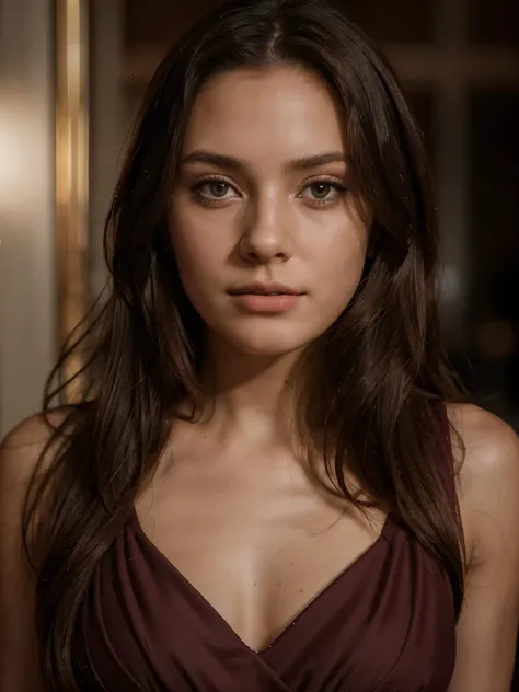 Beautiful 24 year old girl, long brown hair, innocent look, seductive look, no makeup, natural beauty, hyperealistic skin texture, 8K from a red cinematography camera, , "(8k, RAW photo, highest quality, masterpiece: 1.2), 24 years old ultra-fine depiction...