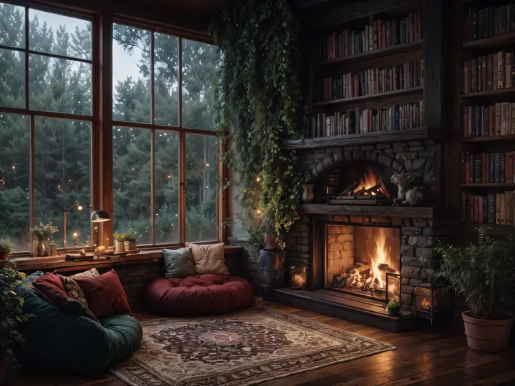 there is a fireplace in a room with a lot of books, cozy place, cozy home background, cosy atmoshpere, cozy environment, cozy room, warm interior, cozy living room, cozy living room interior, cozy and calm, cosy vibes, cozy wallpaper, warm living room, coz...