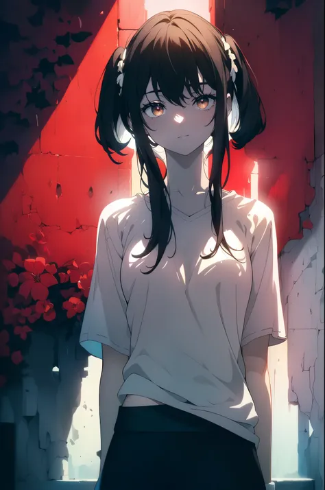 ((((Obra maestra, La mejor calidad, ultrahigh resolution)))), 1girl, standing, ((baggy white t-shirt, loose fitting blue shorts, black hair, dark black hair)), long hair cut, pale skin, ((brown eyes)), glowing_eyes, neon eyes, (ultra detailed eyes:0.7, bea...