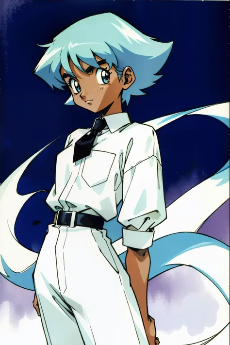 by Ken Sugimori, sugimori 1990s, ((only 1woman)), white collared shirt, rolled up, black tie, dark skin, african ((hands behind their back)), full black pupils, manga, best quality, highly detailed, clean lines, cowboy shot, good hands, good eyes, hd, 8k, ...