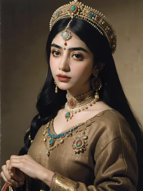 face Qajar woman with lasso eyebrows, Iranian woman of the Qajar era, Qajar art, The subtleties of Iranian art, painted, Fade flower, elegant realism, portraitures, mood lighting, Fade, super-resolution, high quality, magic, dynamic, creative, frontal view...