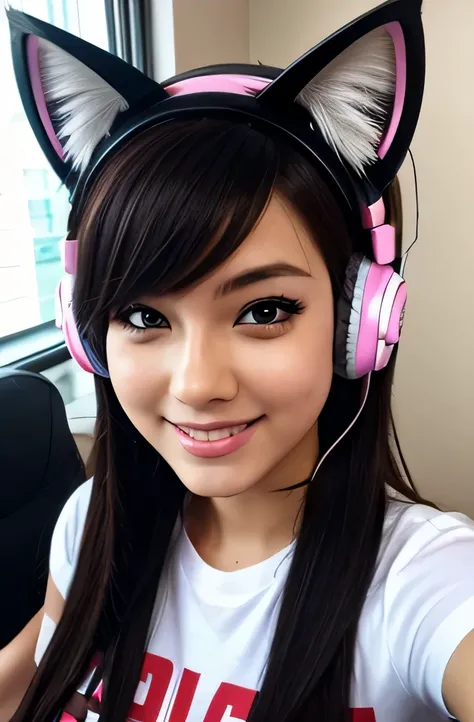 gamer girl, cat ear headphones, nerdy, cute, taking a selfie