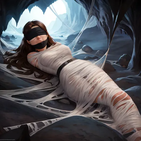 1girl,Spider weaves a net on a girl, very realistic, very detailed,bed,stretched, dark cave, struggle in the net,brown haired, very long sheer skirt,lying down,(blindfold:1.4),(ballgag:1.4)