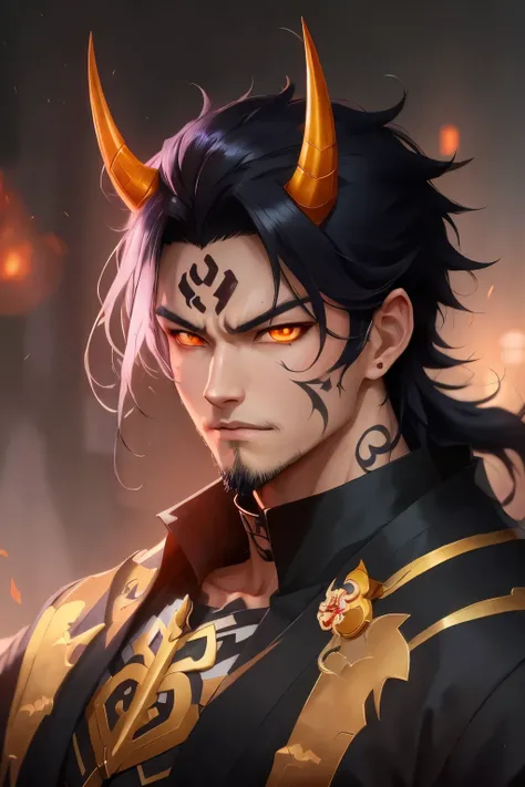 Anime character with horns and demon face with golden eyes and short beard, handsome guy in demon slayer art, cute japanese demon boy, Yang J., keqing do impacto genshin, zhongli do impacto genshin, fit male demon with white horns, badass anime 8 k, human ...