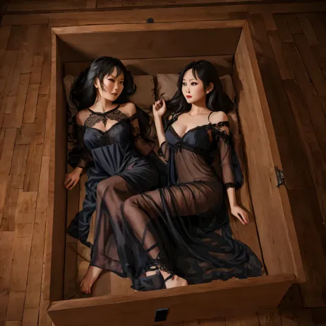 two woman ,long silk nightgown,bondage
in box
full body
lying on side
bound
arms behind back