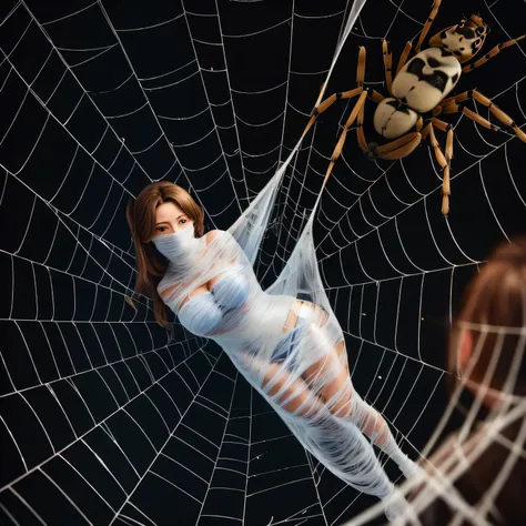 best quality,ultra-detailed,classroom,photorealistic,hanging,spiders in the web,long spider legs,beautiful girl,desperate struggle,entangled,despair,cocoon