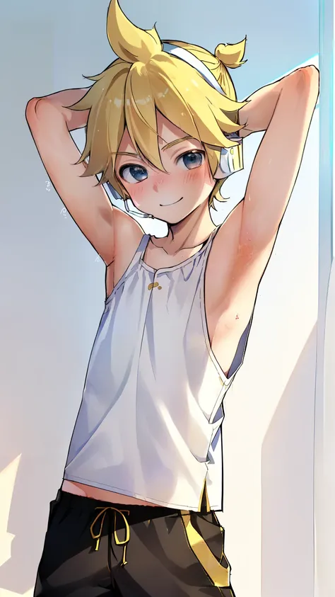 (masterpiece, best quality, ultra precision, (one boy), young boy, shota, kagamine len, blonde hair, cowlick, bedroom, character...