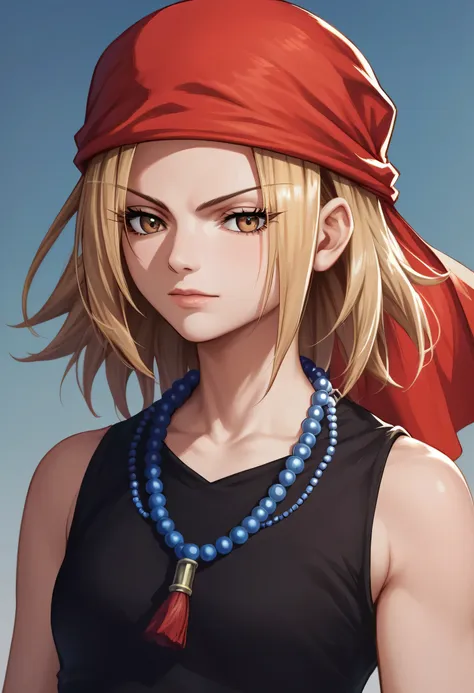 score_9, score_8_up, score_7_up, source_anime, kyouyama anna, blonde hair, short hair, brown eyes, black dress, red bandana, bea...