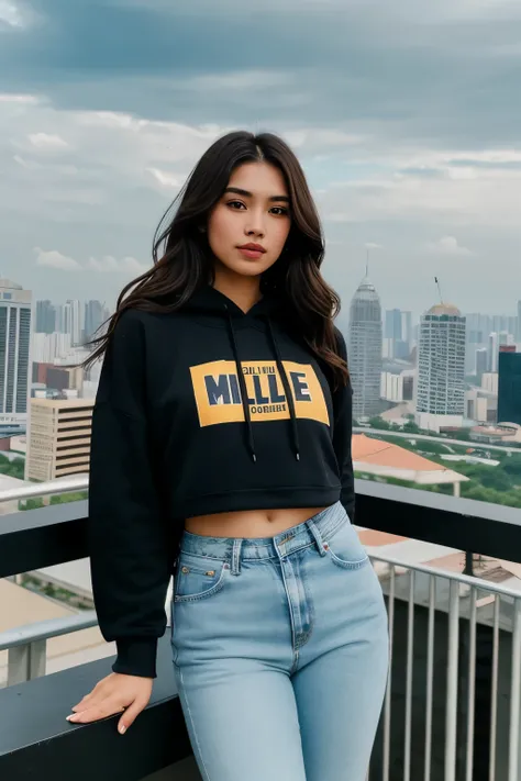 Photo shoot of a 20-year-old girl with a height of 167 cm and a slender build, wearing a hoodie and jeans, on the rooftop of a skyscraper in Malaysia. The girl has large expressive eyes, a small nose, full lips, and long dark brown wavy disheveled hair bel...