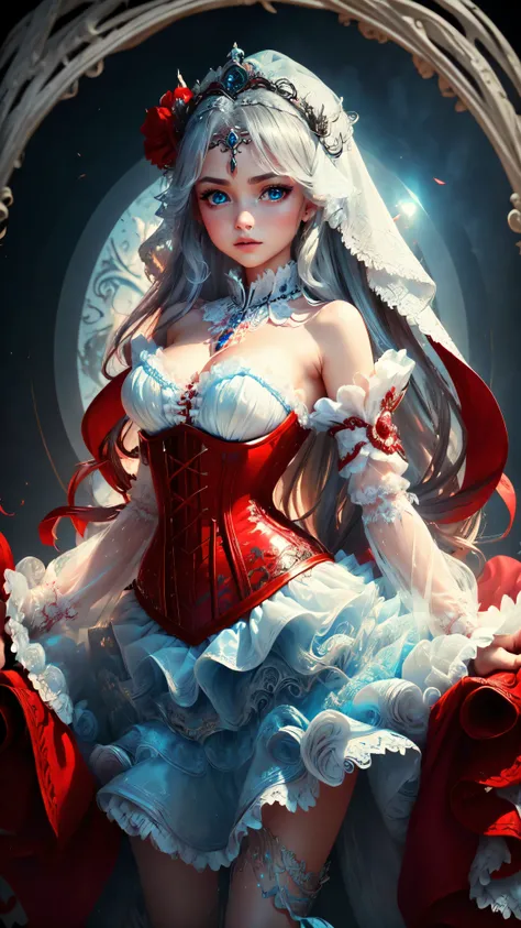 ((the Extremely Detailed CG Unity 8K Wallpapers)), masutepiece, Ultra-detailed, floating, High resolution, Sexually suggestive, (Petite, ridiculously long gray hair, Princess, White Devil Taoism, Blue eyes, (Gorgeous long layered long dress in white and re...