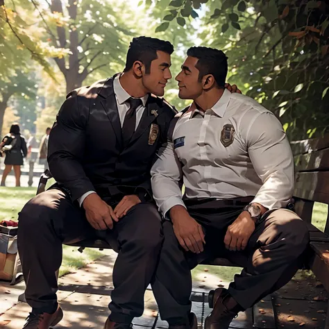 gay deep kiss, in a police suit, far from public, on the trees, autumn, panting, sweat, high resolution, sit on the bench, full ...