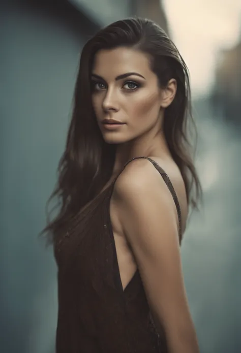 an amazing portrait of a beautiful brunette woman in dark dress, dark brown eyes, dark hair, straight hair, ponytail, great faci...