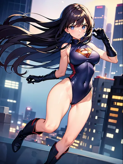 1girl, medium breasts, leotard, bare legs, tight belt, boots, gloves, city backdrop, solo, single, flying, full body shot, cowboy shot, superhero, beautiful detailed eyes, ((superpower))