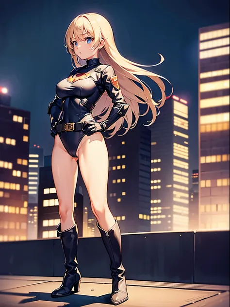 1girl, medium breasts, leotard, bare legs, tight belt, boots, gloves, city backdrop, solo, single, hands on hip, (standing straight), full body shot, cowboy shot, superhero, beautiful detailed eyes, superpower