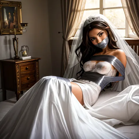 (bright lighting,romantic setting),bride captured, dreamy background,bondage,dark hair, mesmerizing gaze, , soft skin, alluring beauty, artistic portrait, high-quality image, vibrant colors, long silk gown, in the bed,tape bondage,tape gag, mosquito net, b...