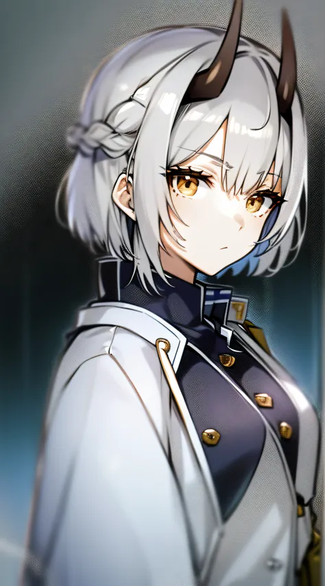 senna himuro, horn, one woman, gray hair, bob cut, braided, expressionless, sharp eyes, lab coat, school, moody, facing viewer,