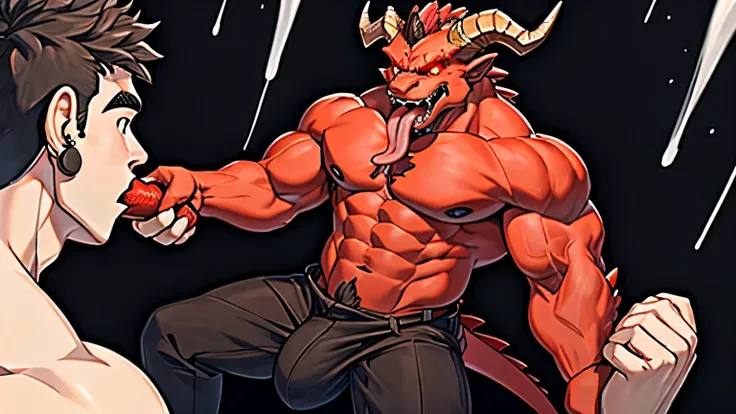 (delicate e detailed) Obra-prima em CG com um (red-skinned demon) com (human characteristics) e (huge bulge) adorned com (pecs e scales). Ele tem (horns e earrings) para mostrar seu (powerful e dominant) natureza. The character is holding his bulge com (ma...