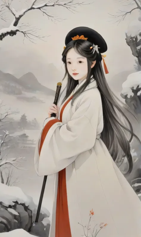 8K, masterpiece, best quality, 2d, traditional chinese ink painting,
ink,  1 girl with a sword,  (face with mask:1.2), A big hat is worn on his head, long hair, looking at the audience, White Chinese long coat, 
The background is a lot of snow, white snow,