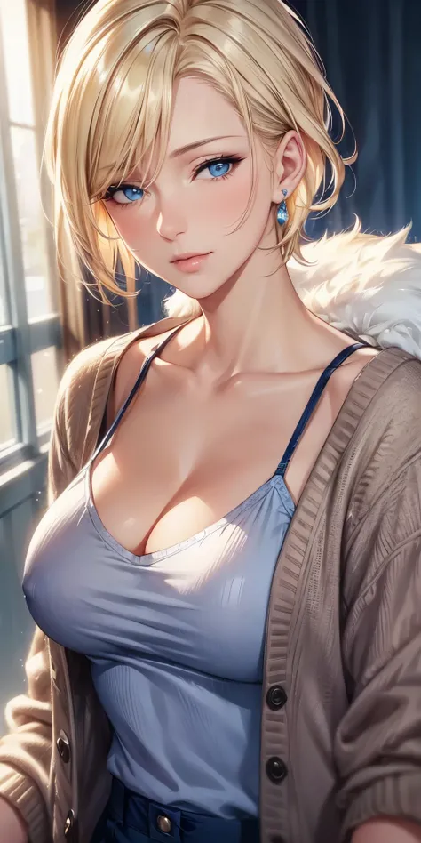 (best quality, highres, realistic), portrait, elegant mature woman, blue eyes,blonde hair, big breast, ultra detailed cg 8k, beautiful cg, soft light