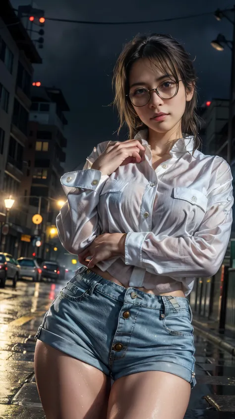 Photorealistic, (close up:1.3, exposed face), wide angle, (seen from below), a japanese young woman wearing wet (long sleeve (button shirt:1.2), oversized t-shirt, hotpants), a hyperrealistic beautiful young girls with grayish blue eyes in glasses, natural...